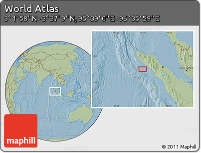 Savanna Style Location Map of the Area around 3° 19' 33" N, 96° 7' 30" E, hill shading