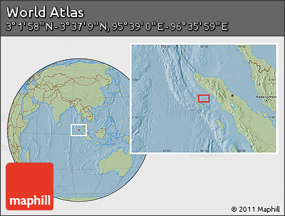Savanna Style Location Map of the Area around 3° 19' 33" N, 96° 7' 30" E, hill shading