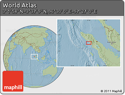 Savanna Style Location Map of the Area around 3° 19' 33" N, 96° 58' 29" E, hill shading