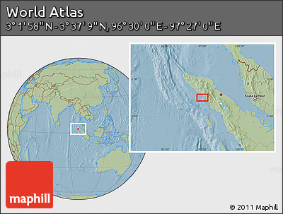 Savanna Style Location Map of the Area around 3° 19' 33" N, 96° 58' 29" E, hill shading