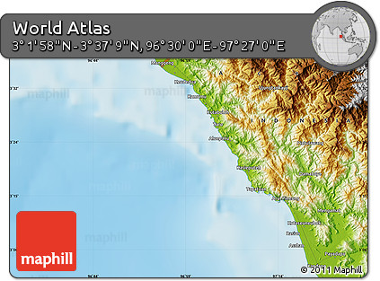 Physical Map of the Area around 3° 19' 33" N, 96° 58' 29" E