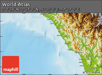 Physical Map of the Area around 3° 19' 33" N, 96° 58' 29" E