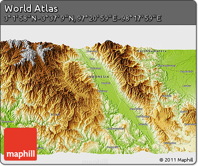 Physical 3D Map of the Area around 3° 19' 33" N, 97° 49' 29" E