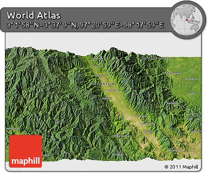 Satellite 3D Map of the Area around 3° 19' 33" N, 97° 49' 29" E