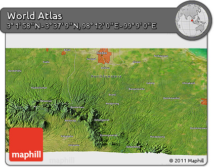 Satellite 3D Map of the Area around 3° 19' 33" N, 98° 40' 30" E