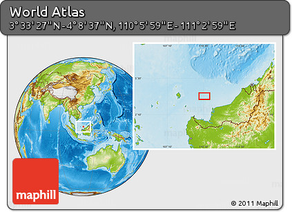 Physical Location Map of the Area around 3° 51' 2" N, 110° 34' 29" E