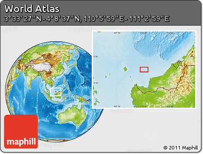 Physical Location Map of the Area around 3° 51' 2" N, 110° 34' 29" E