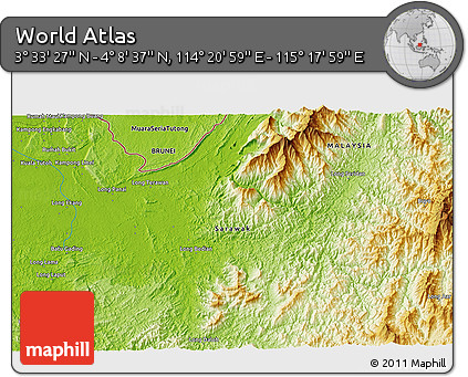 Physical 3D Map of the Area around 3° 51' 2" N, 114° 49' 29" E