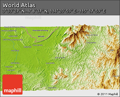 Physical 3D Map of the Area around 3° 51' 2" N, 114° 49' 29" E