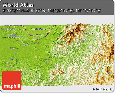 Physical 3D Map of the Area around 3° 51' 2" N, 114° 49' 29" E