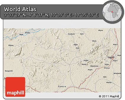 Shaded Relief 3D Map of the Area around 3° 51' 2" N, 11° 7' 30" E