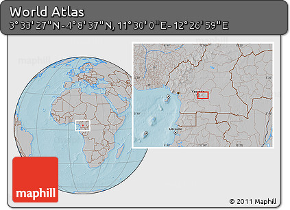 Gray Location Map of the Area around 3° 51' 2" N, 11° 58' 29" E, hill shading
