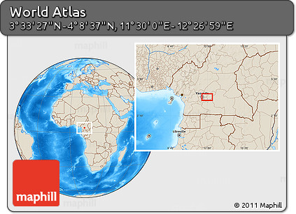 Shaded Relief Location Map of the Area around 3° 51' 2" N, 11° 58' 29" E