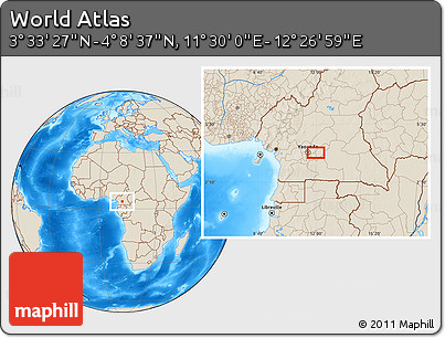 Shaded Relief Location Map of the Area around 3° 51' 2" N, 11° 58' 29" E