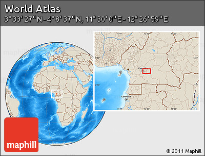 Shaded Relief Location Map of the Area around 3° 51' 2" N, 11° 58' 29" E