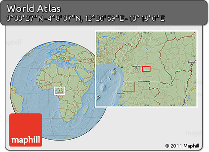 Savanna Style Location Map of the Area around 3° 51' 2" N, 12° 49' 29" E, hill shading