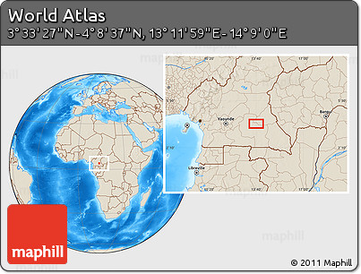 Shaded Relief Location Map of the Area around 3° 51' 2" N, 13° 40' 30" E