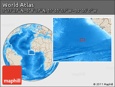 Shaded Relief Location Map of the Area around 3° 51' 2" N, 15° 13' 29" W