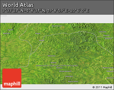 Satellite 3D Map of the Area around 3° 51' 2" N, 19° 37' 30" E