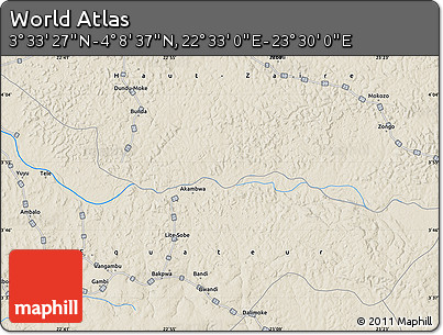 Shaded Relief Map of the Area around 3° 51' 2" N, 23° 1' 29" E