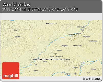Physical 3D Map of the Area around 3° 51' 2" N, 25° 34' 30" E
