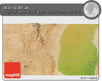 Satellite 3D Map of the Area around 3° 51' 2" N, 35° 46' 29" E