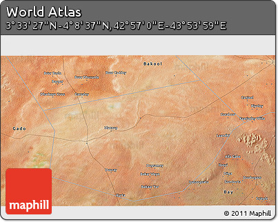 Satellite 3D Map of the Area around 3° 51' 2" N, 43° 25' 29" E