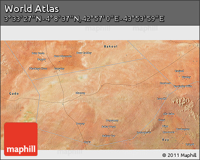 Satellite 3D Map of the Area around 3° 51' 2" N, 43° 25' 29" E