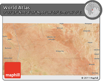Satellite 3D Map of the Area around 3° 51' 2" N, 45° 7' 30" E