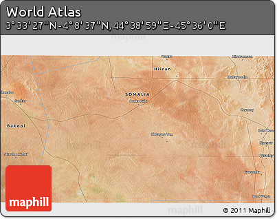 Satellite 3D Map of the Area around 3° 51' 2" N, 45° 7' 30" E