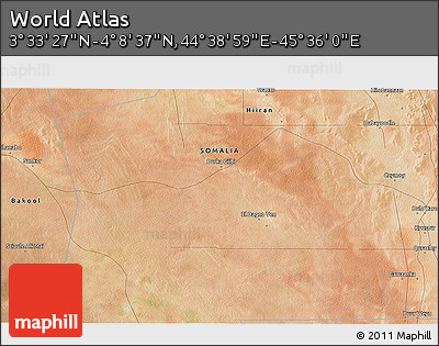 Satellite 3D Map of the Area around 3° 51' 2" N, 45° 7' 30" E