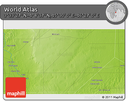 Physical 3D Map of the Area around 3° 51' 2" N, 45° 58' 30" E