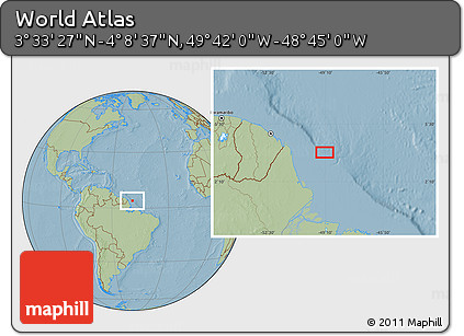 Savanna Style Location Map of the Area around 3° 51' 2" N, 49° 13' 30" W, hill shading