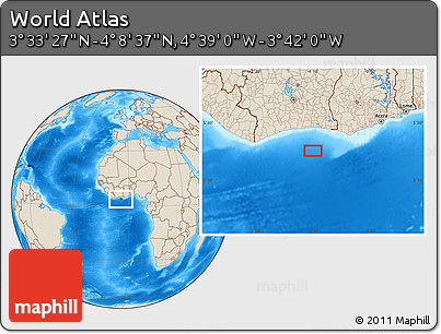Shaded Relief Location Map of the Area around 3° 51' 2" N, 4° 10' 30" W