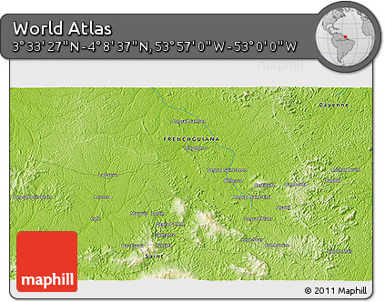 Physical 3D Map of the Area around 3° 51' 2" N, 53° 28' 30" W