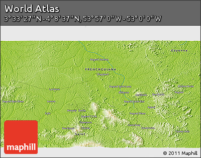 Physical 3D Map of the Area around 3° 51' 2" N, 53° 28' 30" W
