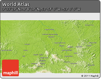 Physical 3D Map of the Area around 3° 51' 2" N, 53° 28' 30" W