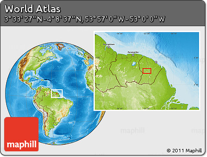 Physical Location Map of the Area around 3° 51' 2" N, 53° 28' 30" W