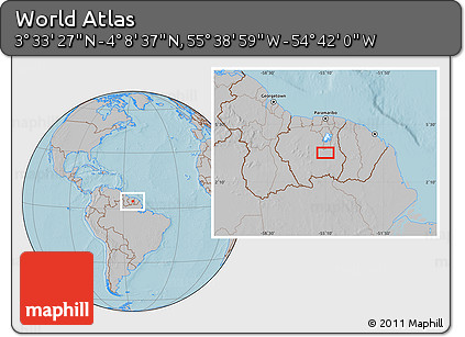 Gray Location Map of the Area around 3° 51' 2" N, 55° 10' 29" W, hill shading
