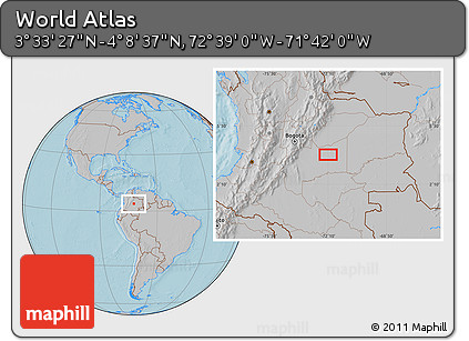 Gray Location Map of the Area around 3° 51' 2" N, 72° 10' 30" W, hill shading