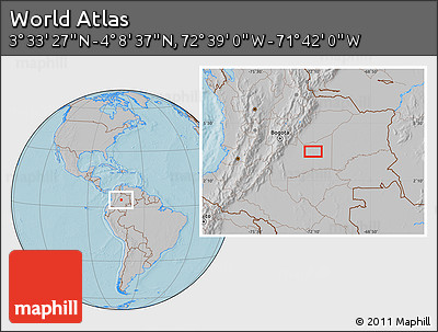 Gray Location Map of the Area around 3° 51' 2" N, 72° 10' 30" W, hill shading