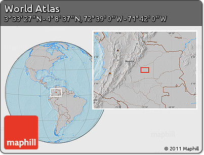 Gray Location Map of the Area around 3° 51' 2" N, 72° 10' 30" W, hill shading