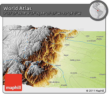 Physical 3D Map of the Area around 3° 51' 2" N, 73° 52' 30" W