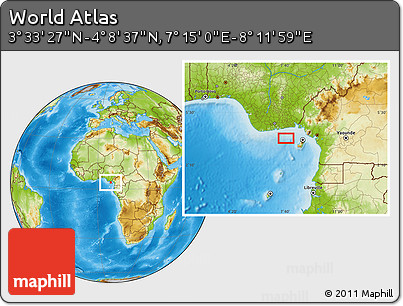 Physical Location Map of the Area around 3° 51' 2" N, 7° 43' 29" E