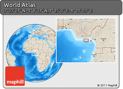 Shaded Relief Location Map of the Area around 3° 51' 2" N, 7° 43' 29" E