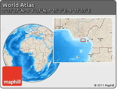 Shaded Relief Location Map of the Area around 3° 51' 2" N, 7° 43' 29" E