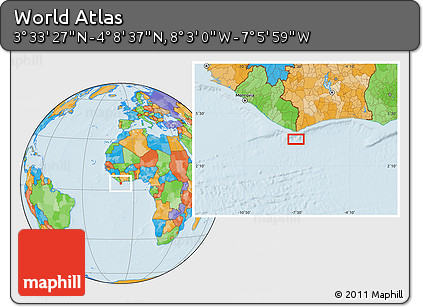 Political Location Map of the Area around 3° 51' 2" N, 7° 34' 30" W