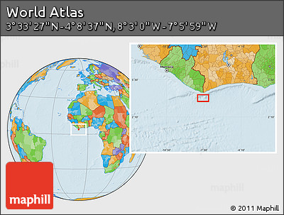 Political Location Map of the Area around 3° 51' 2" N, 7° 34' 30" W