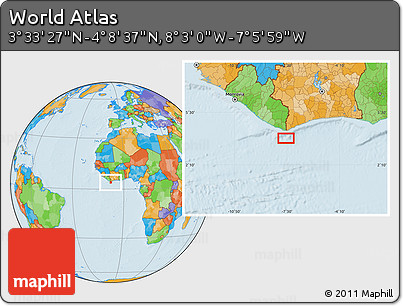 Political Location Map of the Area around 3° 51' 2" N, 7° 34' 30" W