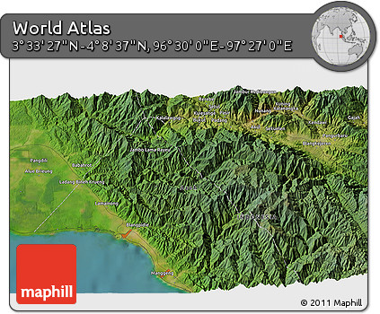 Satellite 3D Map of the Area around 3° 51' 2" N, 96° 58' 29" E